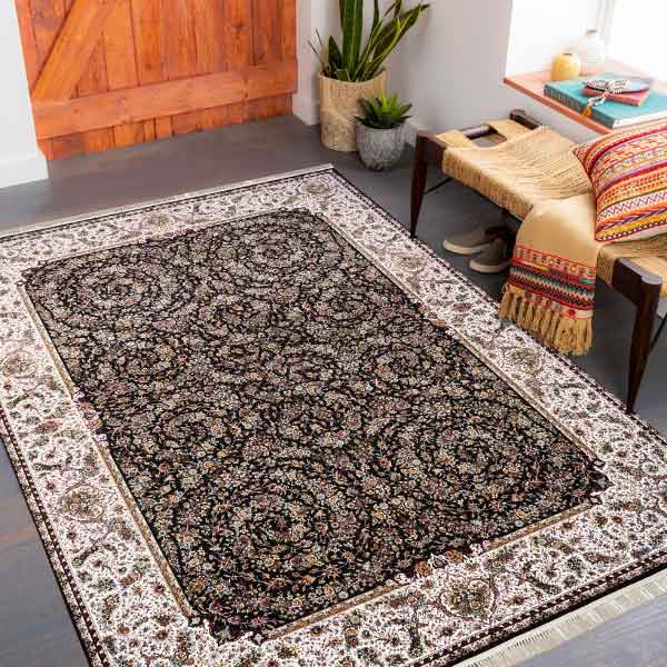 فرش طرح افشان گل فرنگ 1200 شانه کاشان - فرش افشان زمینه سرمه ای رنگ