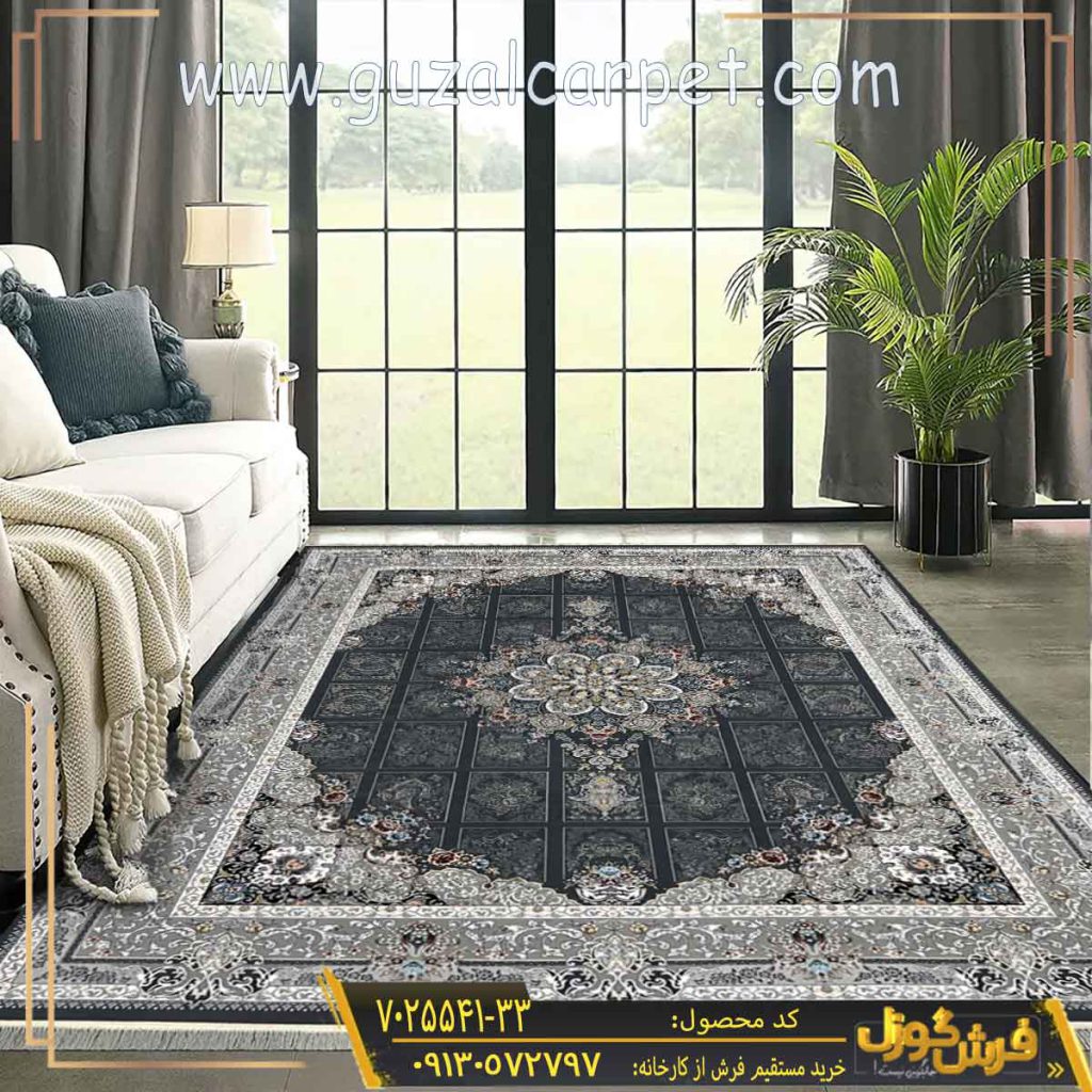 فرش 700 شانه خشتی طرح رومیسا زمینه دودی کاشان - خرید فرش 700 شانه جدید و ارزان قیمت از کارخانه - فرش 12 متری و 9 متری جدید