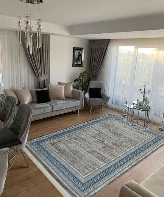مدل جدید فرش وینتیج کهنه نما کد 408 ورساچه زمینه طوسی آبی گل برجسته - فرش مناسب دکوراسیون مدرن و طوسی