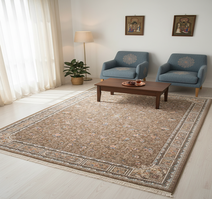 فرش 1200 شانه طرح افشان آلا زمینه نسکافه ای کارخانه فرش گوزل کاشان