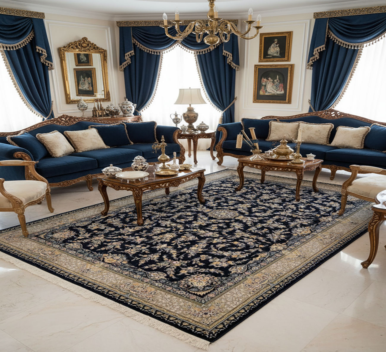 فرش 1200 شانه طلاکوب سرمه ای - قیمت و خرید فرش 1200 شانه جدید